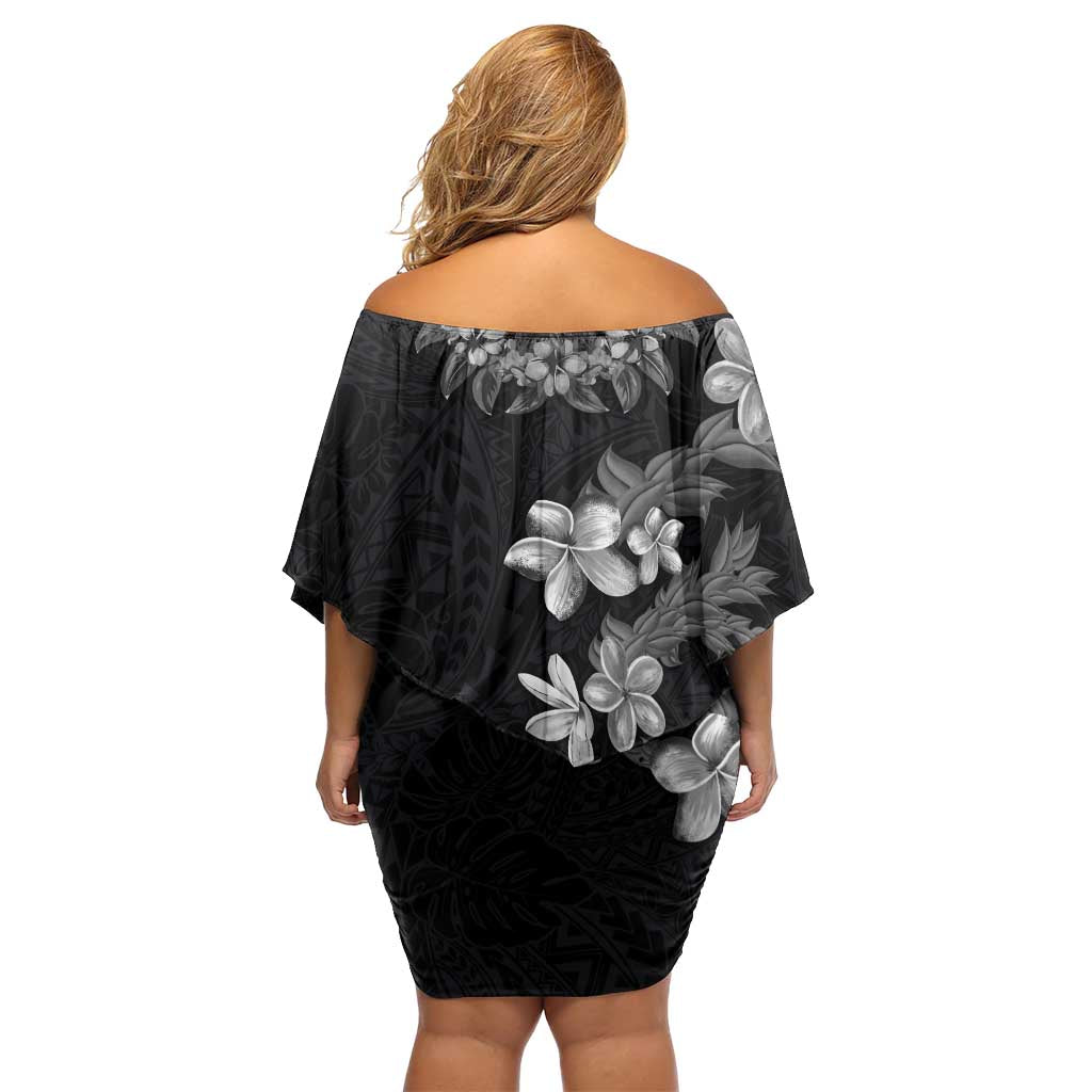 Hawaiian Lei Plumeria and Tropical Leaves Off Shoulder Short Dress Watercolor Style-Grayscale LT03 - Polynesian Pride