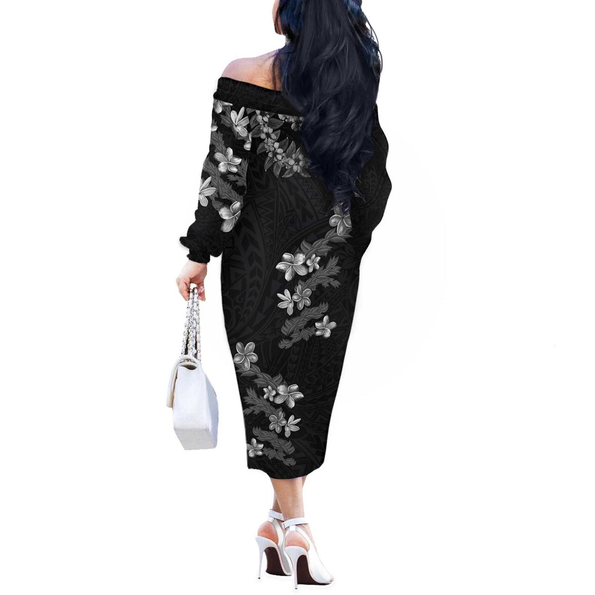 Hawaiian Lei Plumeria and Tropical Leaves Off The Shoulder Long Sleeve Dress Watercolor Style-Grayscale LT03 - Polynesian Pride