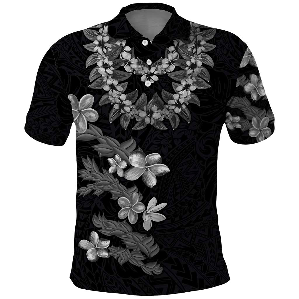 Hawaiian Lei Plumeria and Tropical Leaves Polo Shirt Watercolor Style-Grayscale LT03 Black - Polynesian Pride
