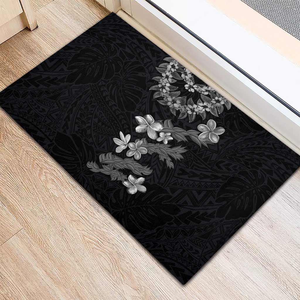 Hawaiian Lei Plumeria and Tropical Leaves Rubber Doormat Watercolor Style-Grayscale