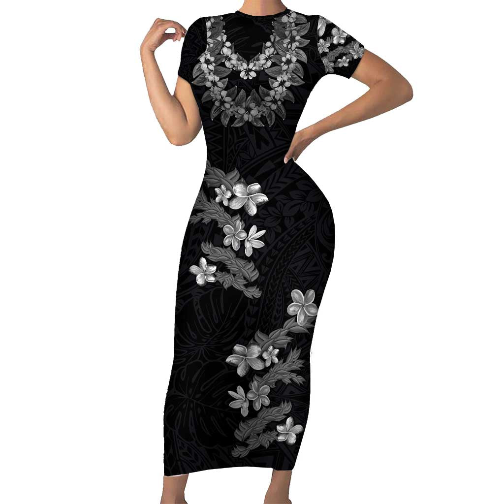 Hawaiian Lei Plumeria and Tropical Leaves Short Sleeve Bodycon Dress Watercolor Style-Grayscale LT03 Long Dress Black - Polynesian Pride