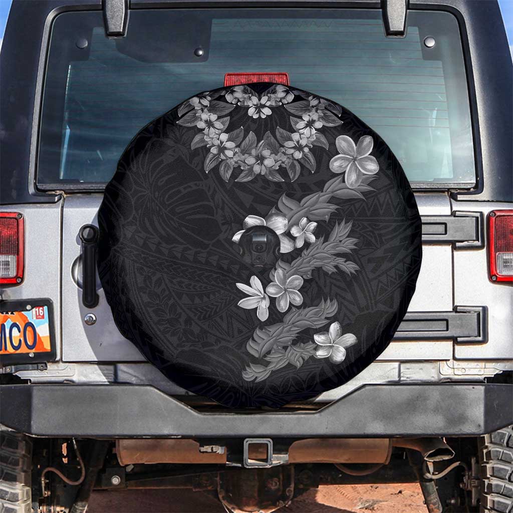 Hawaiian Lei Plumeria and Tropical Leaves Spare Tire Cover Watercolor Style-Grayscale LT03 Black - Polynesian Pride