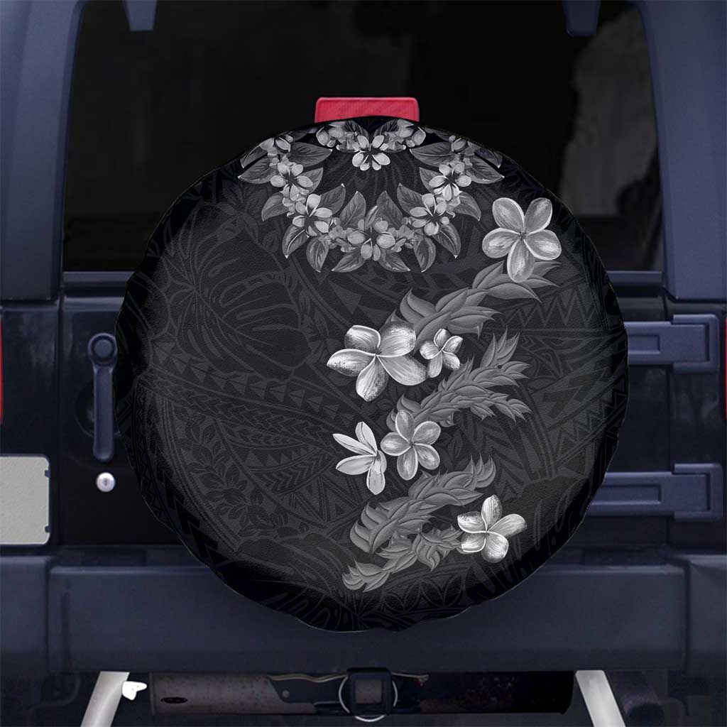 Hawaiian Lei Plumeria and Tropical Leaves Spare Tire Cover Watercolor Style-Grayscale LT03 No hole Black - Polynesian Pride