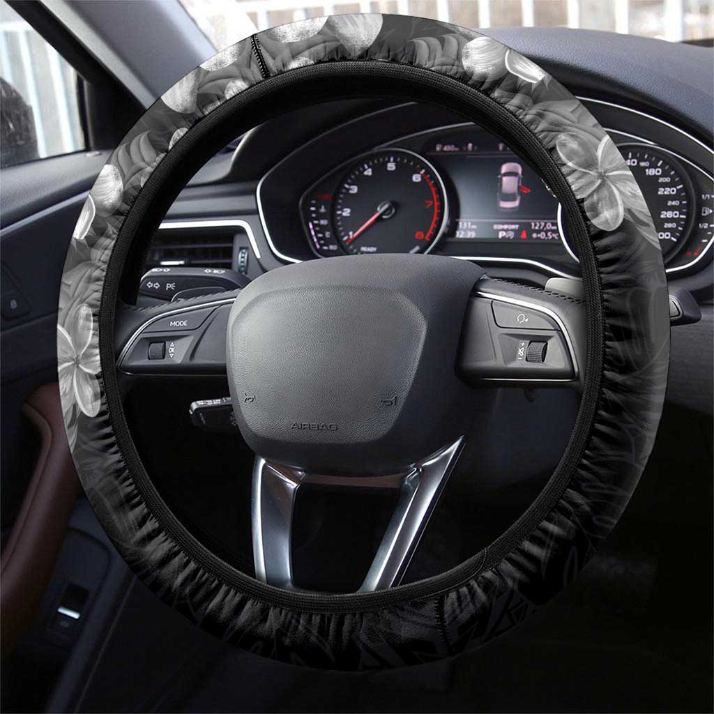 Hawaiian Lei Plumeria and Tropical Leaves Steering Wheel Cover Watercolor Style-Grayscale LT03 - Polynesian Pride