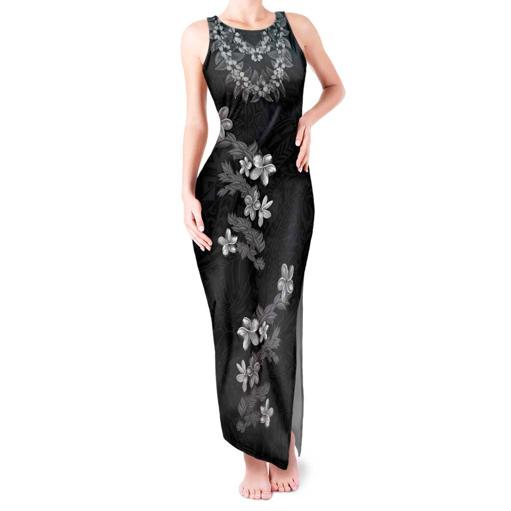 Hawaiian Lei Plumeria and Tropical Leaves Tank Maxi Dress Watercolor Style-Grayscale LT03 Women Black - Polynesian Pride