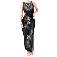 Hawaiian Lei Plumeria and Tropical Leaves Tank Maxi Dress Watercolor Style-Grayscale LT03 Women Black - Polynesian Pride