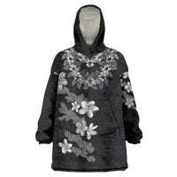 Hawaiian Lei Plumeria and Tropical Leaves Wearable Blanket Hoodie Watercolor Style-Grayscale LT03 One Size Black - Polynesian Pride