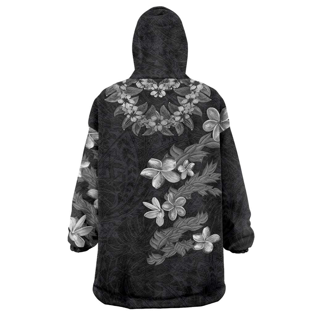 Hawaiian Lei Plumeria and Tropical Leaves Wearable Blanket Hoodie Watercolor Style-Grayscale LT03 - Polynesian Pride