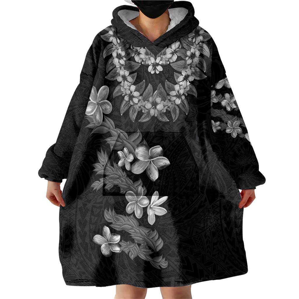Hawaiian Lei Plumeria and Tropical Leaves Wearable Blanket Hoodie Watercolor Style-Grayscale LT03 - Polynesian Pride