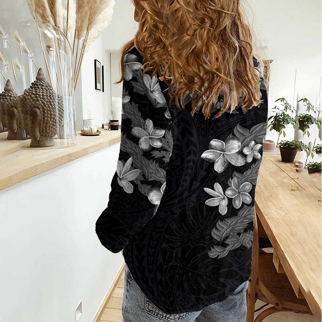 Hawaiian Lei Plumeria and Tropical Leaves Women Casual Shirt Watercolor Style-Grayscale LT03 - Polynesian Pride