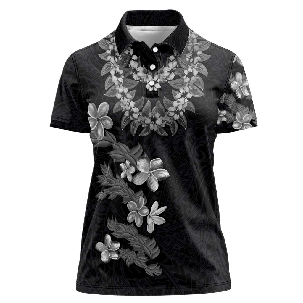 Hawaiian Lei Plumeria and Tropical Leaves Women Polo Shirt Watercolor Style-Grayscale LT03 Female Black - Polynesian Pride