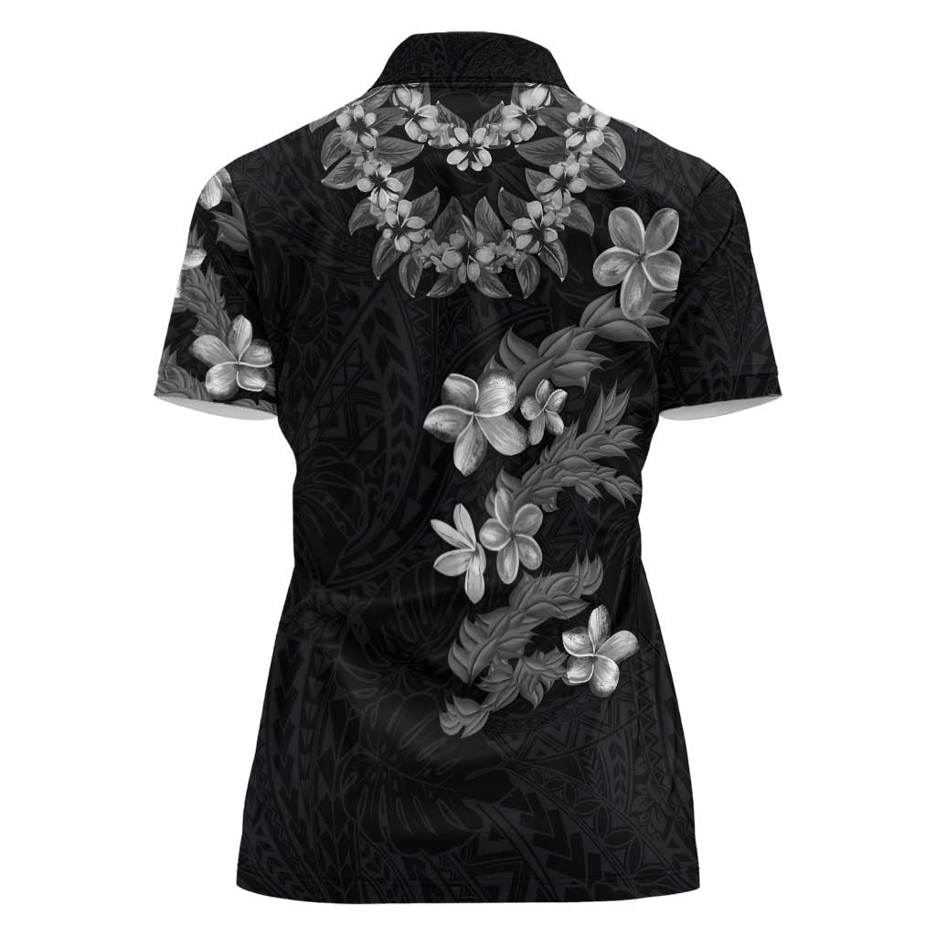 Hawaiian Lei Plumeria and Tropical Leaves Women Polo Shirt Watercolor Style-Grayscale LT03 - Polynesian Pride