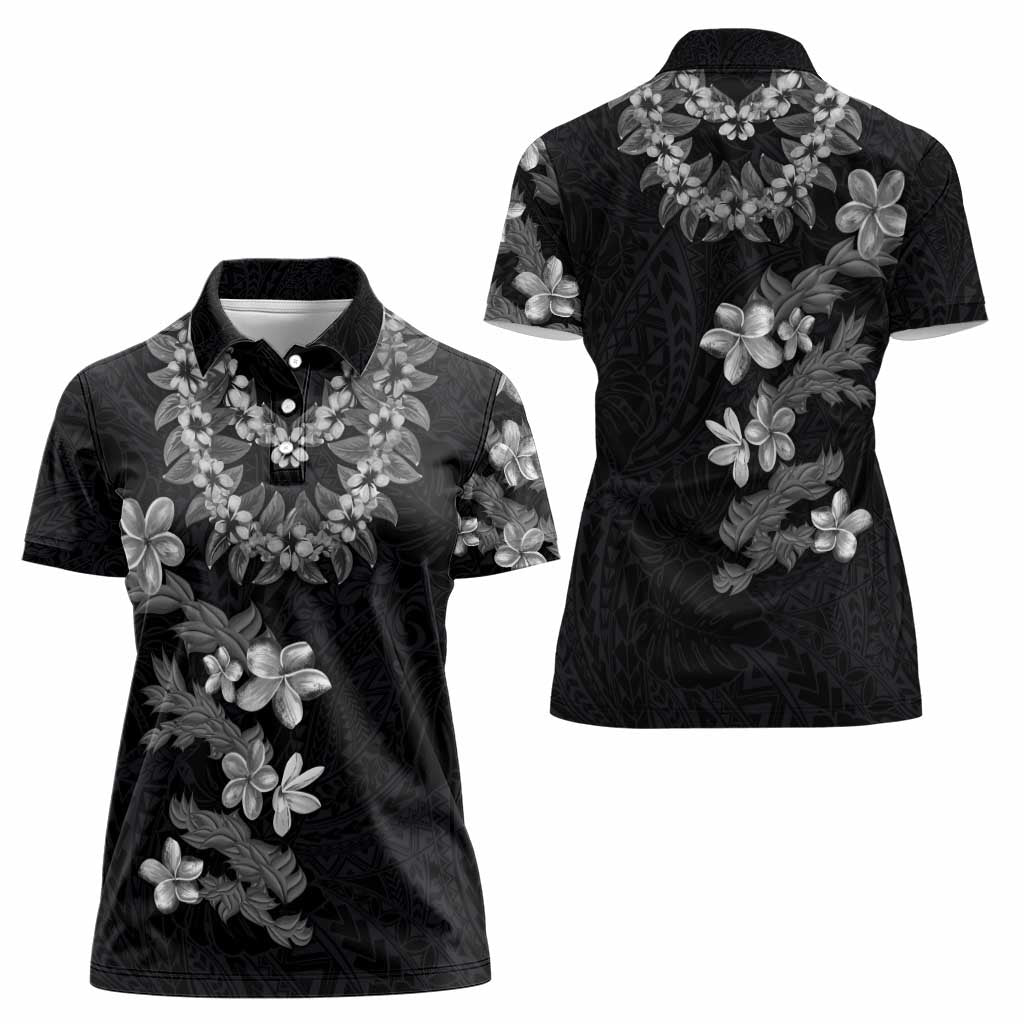 Hawaiian Lei Plumeria and Tropical Leaves Women Polo Shirt Watercolor Style-Grayscale LT03 - Polynesian Pride