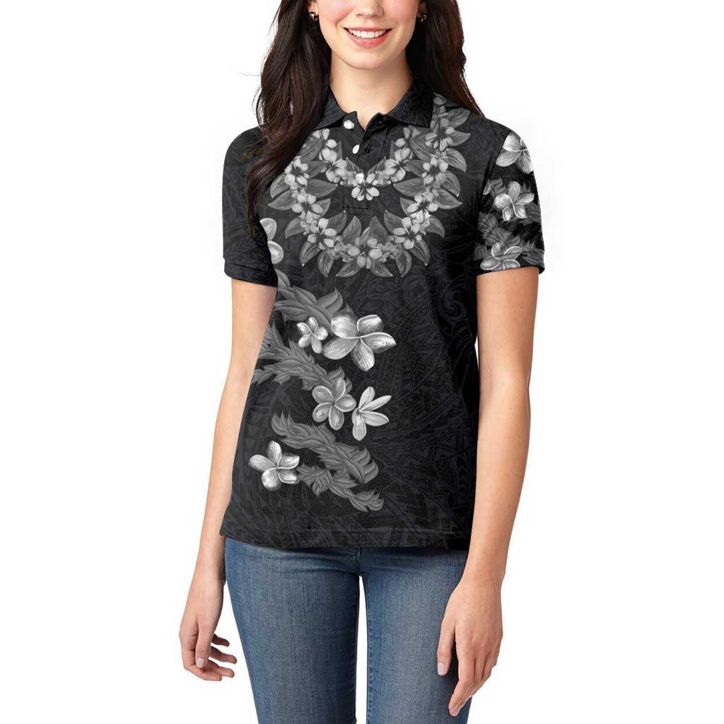 Hawaiian Lei Plumeria and Tropical Leaves Women Polo Shirt Watercolor Style-Grayscale LT03 - Polynesian Pride