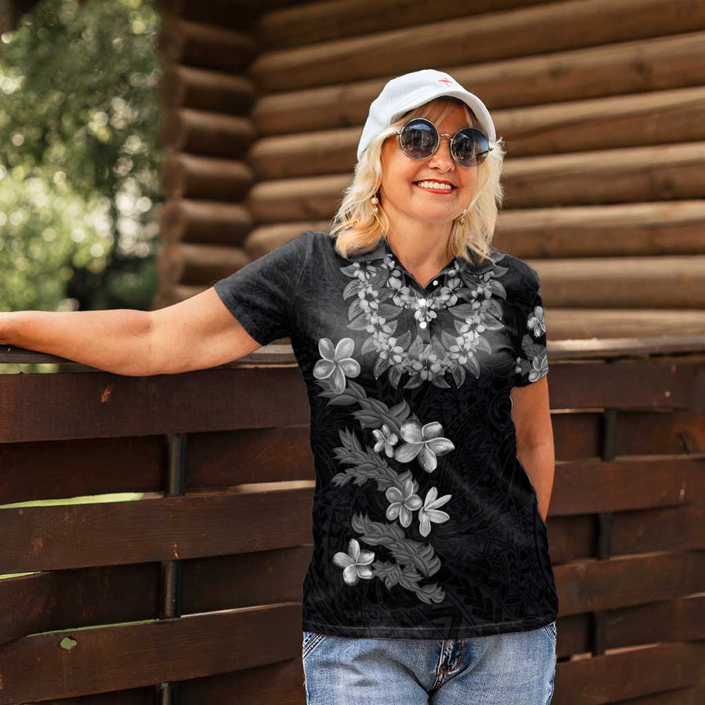 Hawaiian Lei Plumeria and Tropical Leaves Women Polo Shirt Watercolor Style-Grayscale LT03 - Polynesian Pride