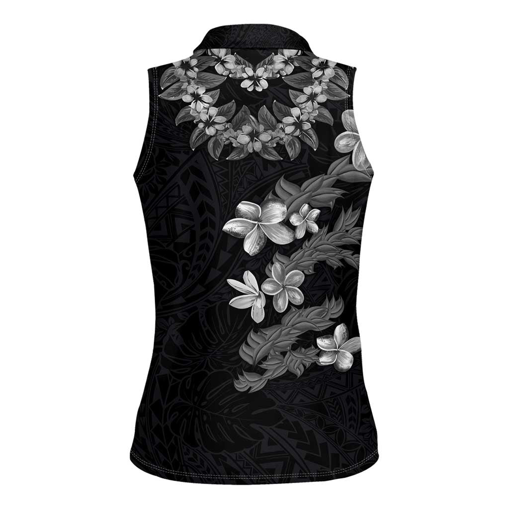 Hawaiian Lei Plumeria and Tropical Leaves Women Sleeveless Polo Shirt Watercolor Style-Grayscale LT03 - Polynesian Pride