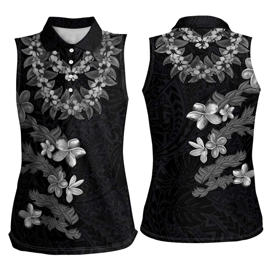 Hawaiian Lei Plumeria and Tropical Leaves Women Sleeveless Polo Shirt Watercolor Style-Grayscale LT03 - Polynesian Pride