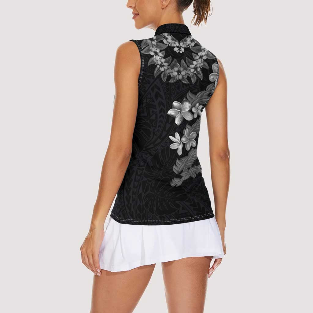 Hawaiian Lei Plumeria and Tropical Leaves Women Sleeveless Polo Shirt Watercolor Style-Grayscale LT03 - Polynesian Pride