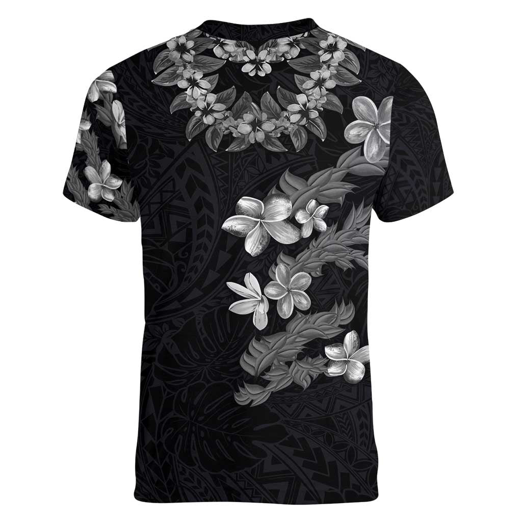 Hawaiian Lei Plumeria and Tropical Leaves Women V-Neck T-Shirt Watercolor Style-Grayscale LT03 - Polynesian Pride