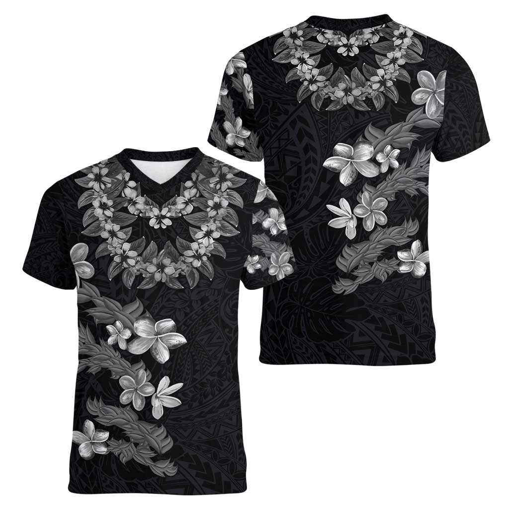 Hawaiian Lei Plumeria and Tropical Leaves Women V-Neck T-Shirt Watercolor Style-Grayscale LT03 - Polynesian Pride