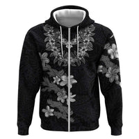 Hawaiian Lei Plumeria and Tropical Leaves Zip Hoodie Watercolor Style-Grayscale LT03 Zip Hoodie Black - Polynesian Pride