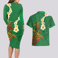 Hawaii Turtle Plumeria Flower Couples Matching Long Sleeve Bodycon Dress and Hawaiian Shirt Polynesian Pattern Green Color LT03 - Polynesian Pride