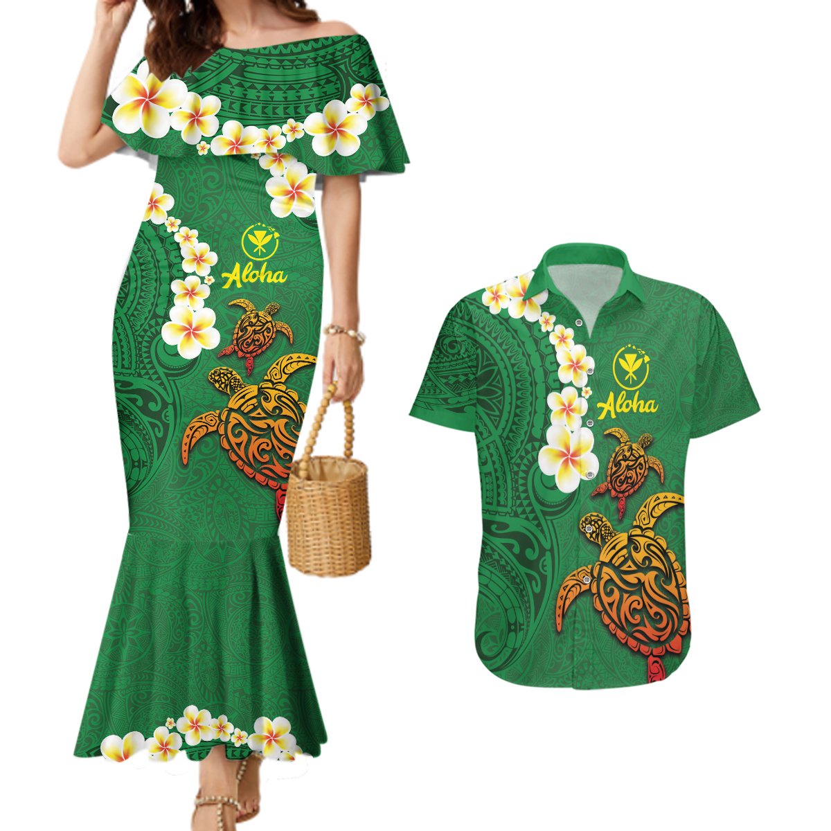 Hawaii Turtle Plumeria Flower Couples Matching Mermaid Dress and Hawaiian Shirt Polynesian Pattern Green Color LT03 Green - Polynesian Pride