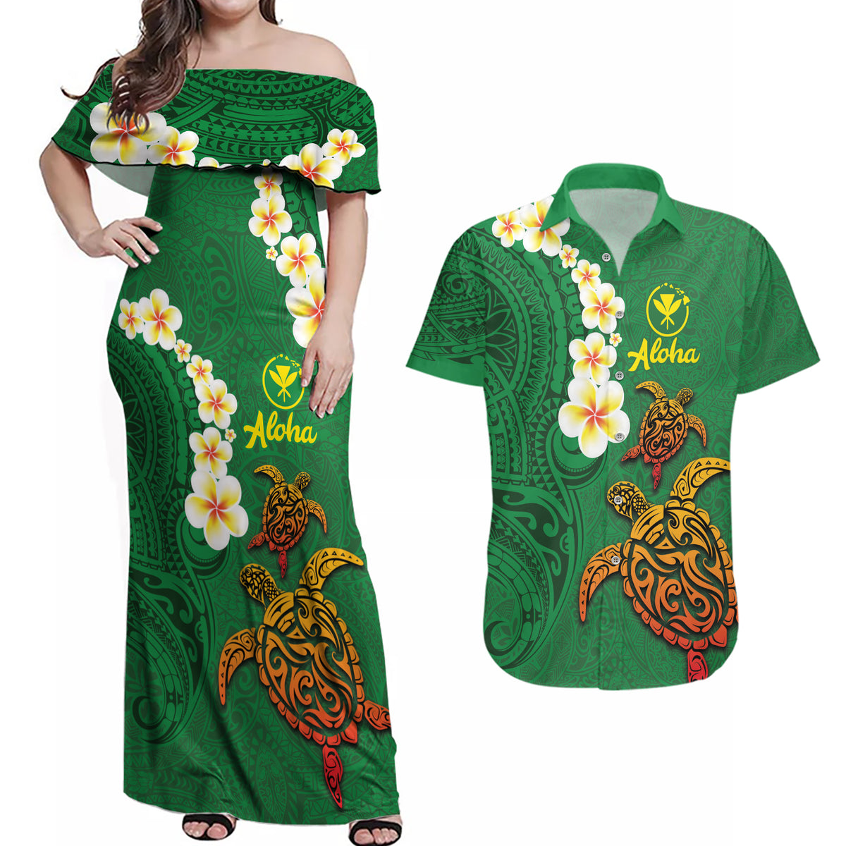 Hawaii Turtle Plumeria Flower Couples Matching Off Shoulder Maxi Dress and Hawaiian Shirt Polynesian Pattern Green Color LT03 Green - Polynesian Pride
