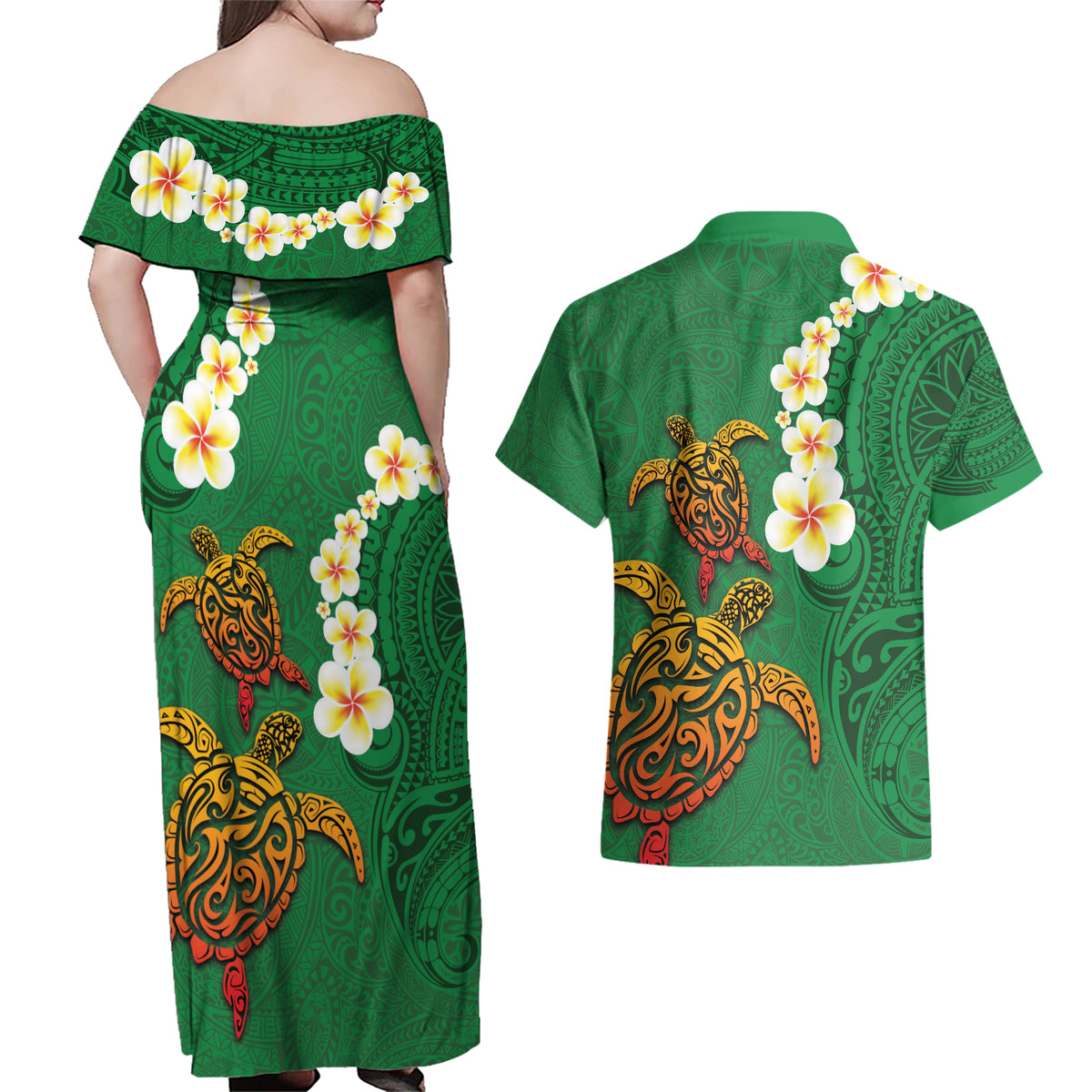 Hawaii Turtle Plumeria Flower Couples Matching Off Shoulder Maxi Dress and Hawaiian Shirt Polynesian Pattern Green Color LT03 - Polynesian Pride