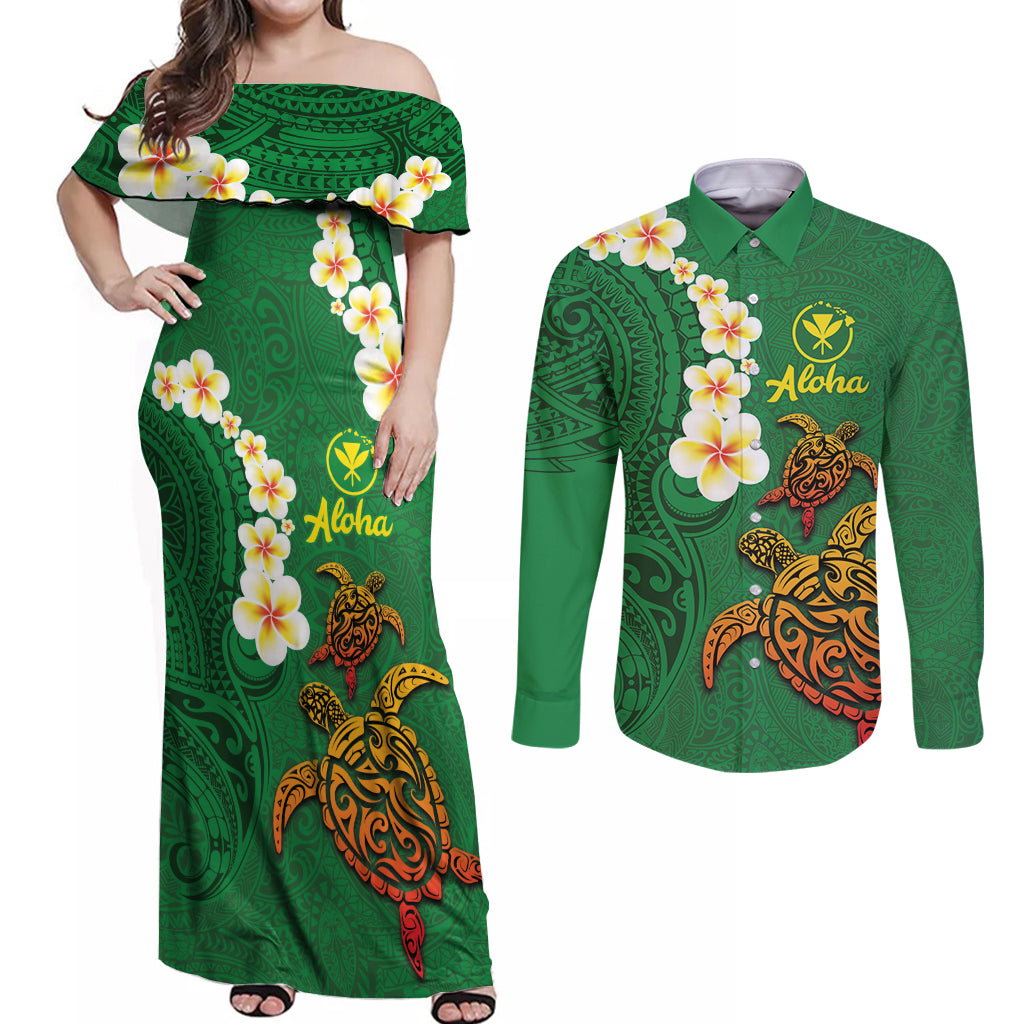 Hawaii Turtle Plumeria Flower Couples Matching Off Shoulder Maxi Dress and Long Sleeve Button Shirt Polynesian Pattern Green Color