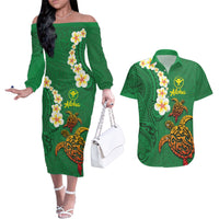 Hawaii Turtle Plumeria Flower Couples Matching Off The Shoulder Long Sleeve Dress and Hawaiian Shirt Polynesian Pattern Green Color LT03 Green - Polynesian Pride