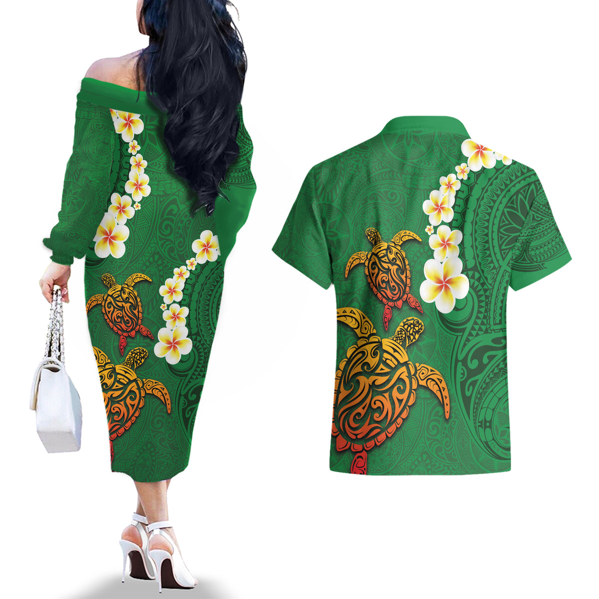 Hawaii Turtle Plumeria Flower Couples Matching Off The Shoulder Long Sleeve Dress and Hawaiian Shirt Polynesian Pattern Green Color LT03 - Polynesian Pride
