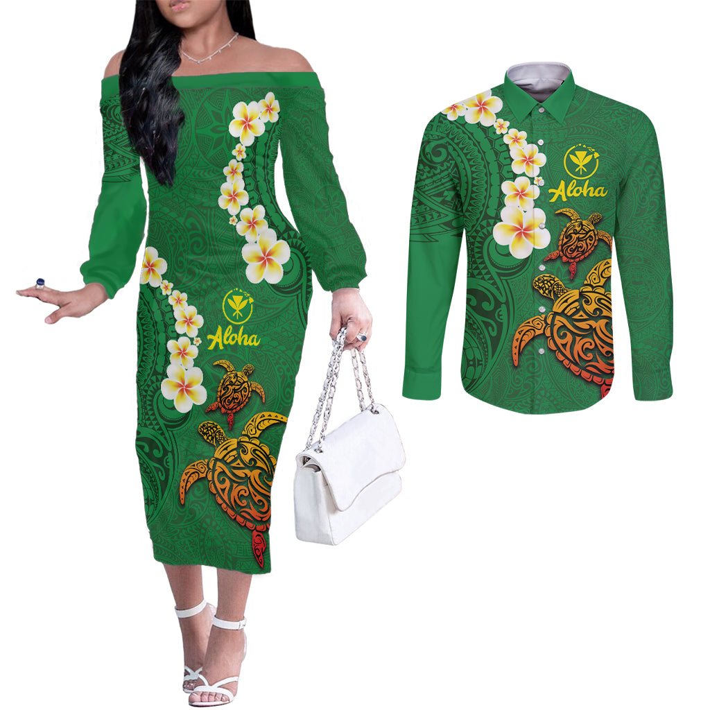 Hawaii Turtle Plumeria Flower Couples Matching Off The Shoulder Long Sleeve Dress and Long Sleeve Button Shirt Polynesian Pattern Green Color LT03 Green - Polynesian Pride