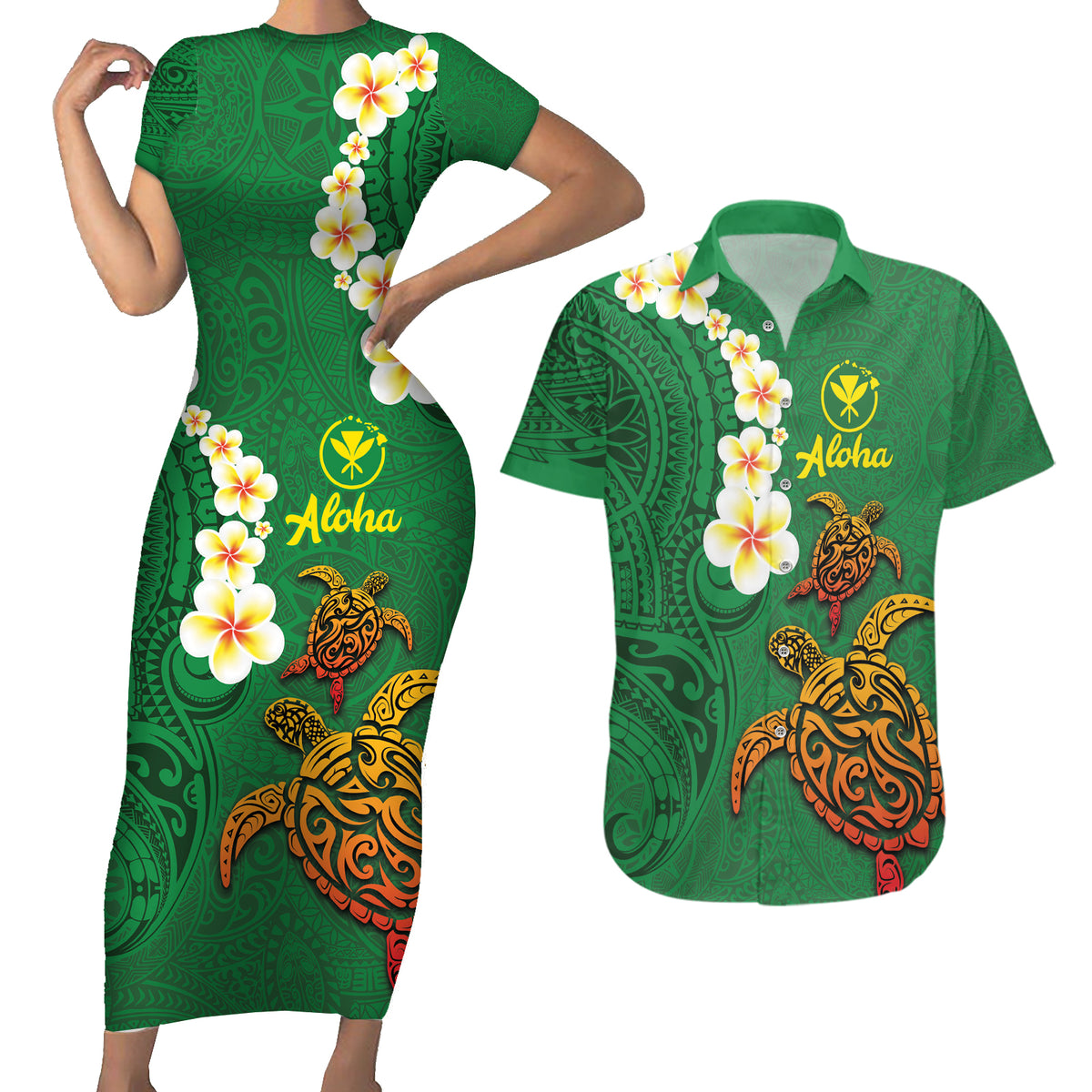 Hawaii Turtle Plumeria Flower Couples Matching Short Sleeve Bodycon Dress and Hawaiian Shirt Polynesian Pattern Green Color LT03 Green - Polynesian Pride