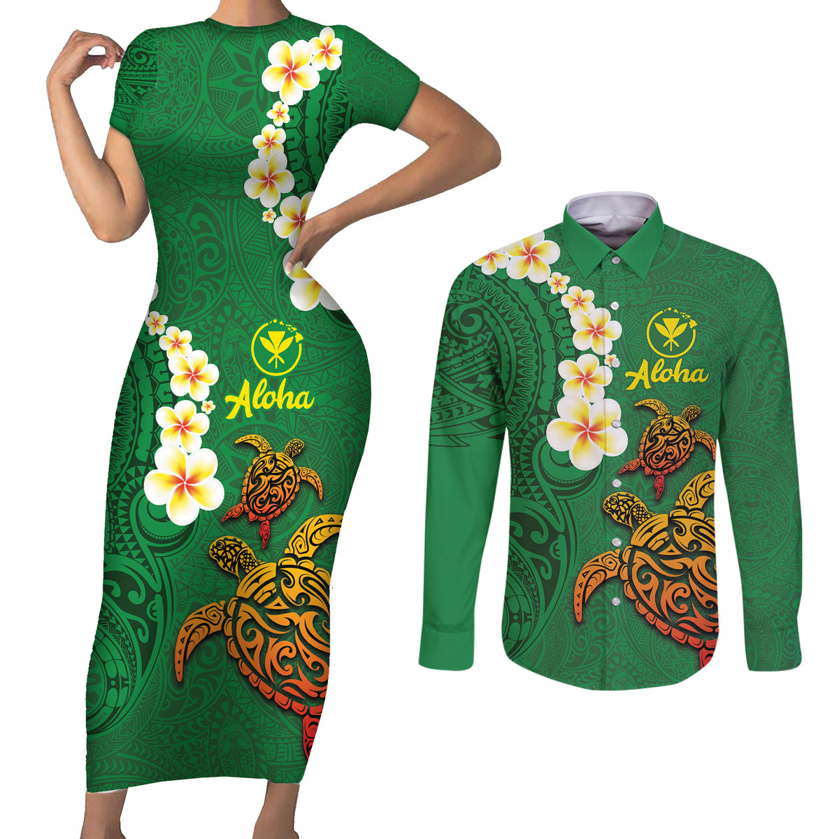 Hawaii Turtle Plumeria Flower Couples Matching Short Sleeve Bodycon Dress and Long Sleeve Button Shirt Polynesian Pattern Green Color LT03 Green - Polynesian Pride
