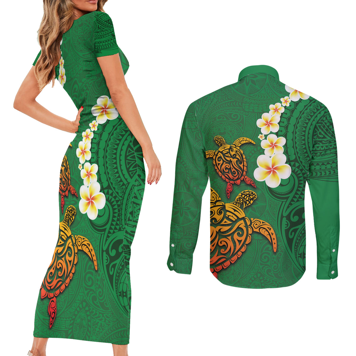 Hawaii Turtle Plumeria Flower Couples Matching Short Sleeve Bodycon Dress and Long Sleeve Button Shirt Polynesian Pattern Green Color LT03 - Polynesian Pride