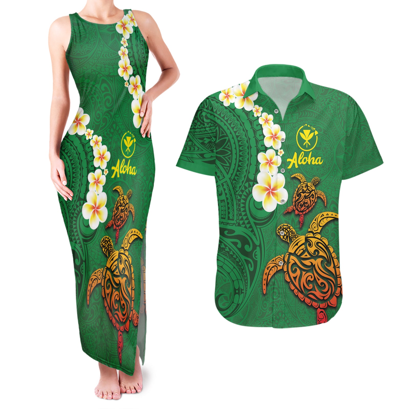 Hawaii Turtle Plumeria Flower Couples Matching Tank Maxi Dress and Hawaiian Shirt Polynesian Pattern Green Color