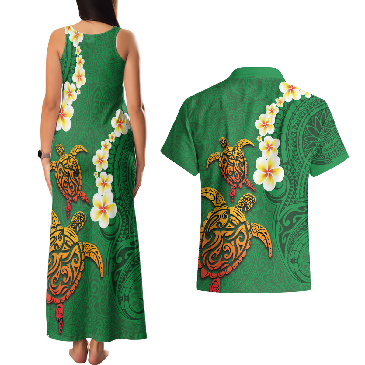Hawaii Turtle Plumeria Flower Couples Matching Tank Maxi Dress and Hawaiian Shirt Polynesian Pattern Green Color LT03 - Polynesian Pride