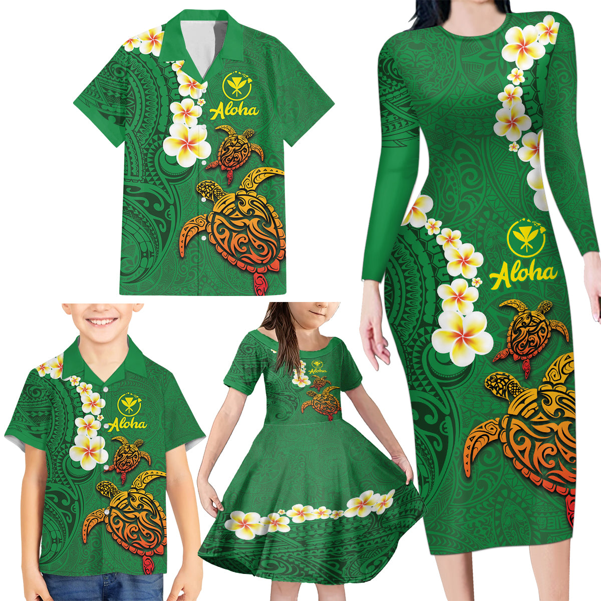Hawaii Turtle Plumeria Flower Family Matching Long Sleeve Bodycon Dress and Hawaiian Shirt Polynesian Pattern Green Color LT03 - Polynesian Pride