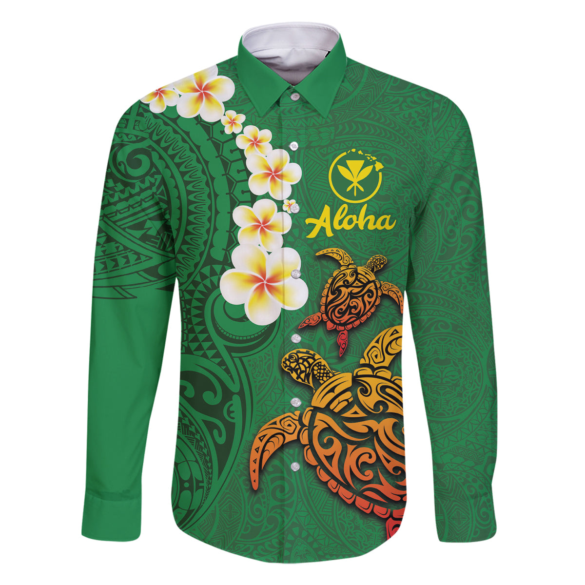 Hawaii Turtle Plumeria Flower Family Matching Long Sleeve Bodycon Dress and Hawaiian Shirt Polynesian Pattern Green Color LT03 Dad's Shirt - Long Sleeve Green - Polynesian Pride
