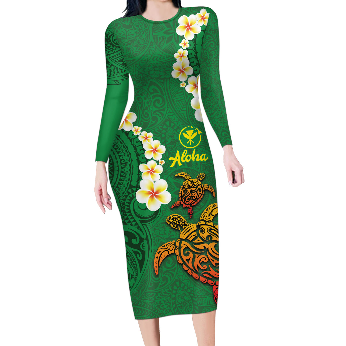Hawaii Turtle Plumeria Flower Family Matching Long Sleeve Bodycon Dress and Hawaiian Shirt Polynesian Pattern Green Color LT03 Mom's Dress Green - Polynesian Pride