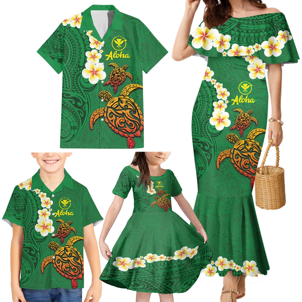 Hawaii Turtle Plumeria Flower Family Matching Mermaid Dress and Hawaiian Shirt Polynesian Pattern Green Color LT03 - Polynesian Pride
