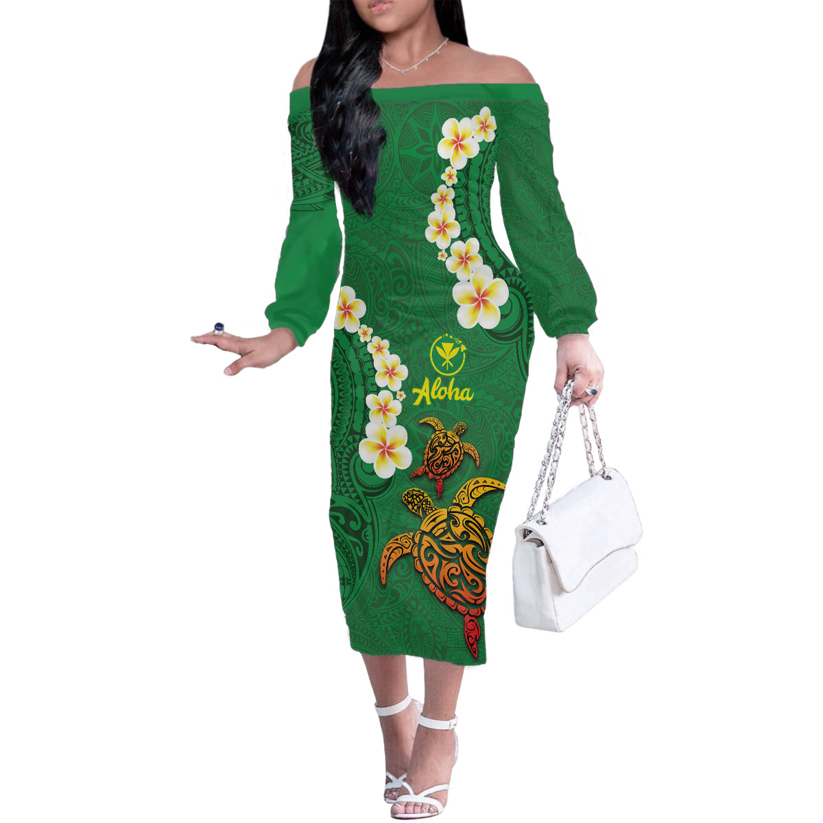 Hawaii Turtle Plumeria Flower Family Matching Off The Shoulder Long Sleeve Dress and Hawaiian Shirt Polynesian Pattern Green Color LT03 Mom's Dress Green - Polynesian Pride
