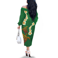 Hawaii Turtle Plumeria Flower Family Matching Off The Shoulder Long Sleeve Dress and Hawaiian Shirt Polynesian Pattern Green Color LT03 - Polynesian Pride