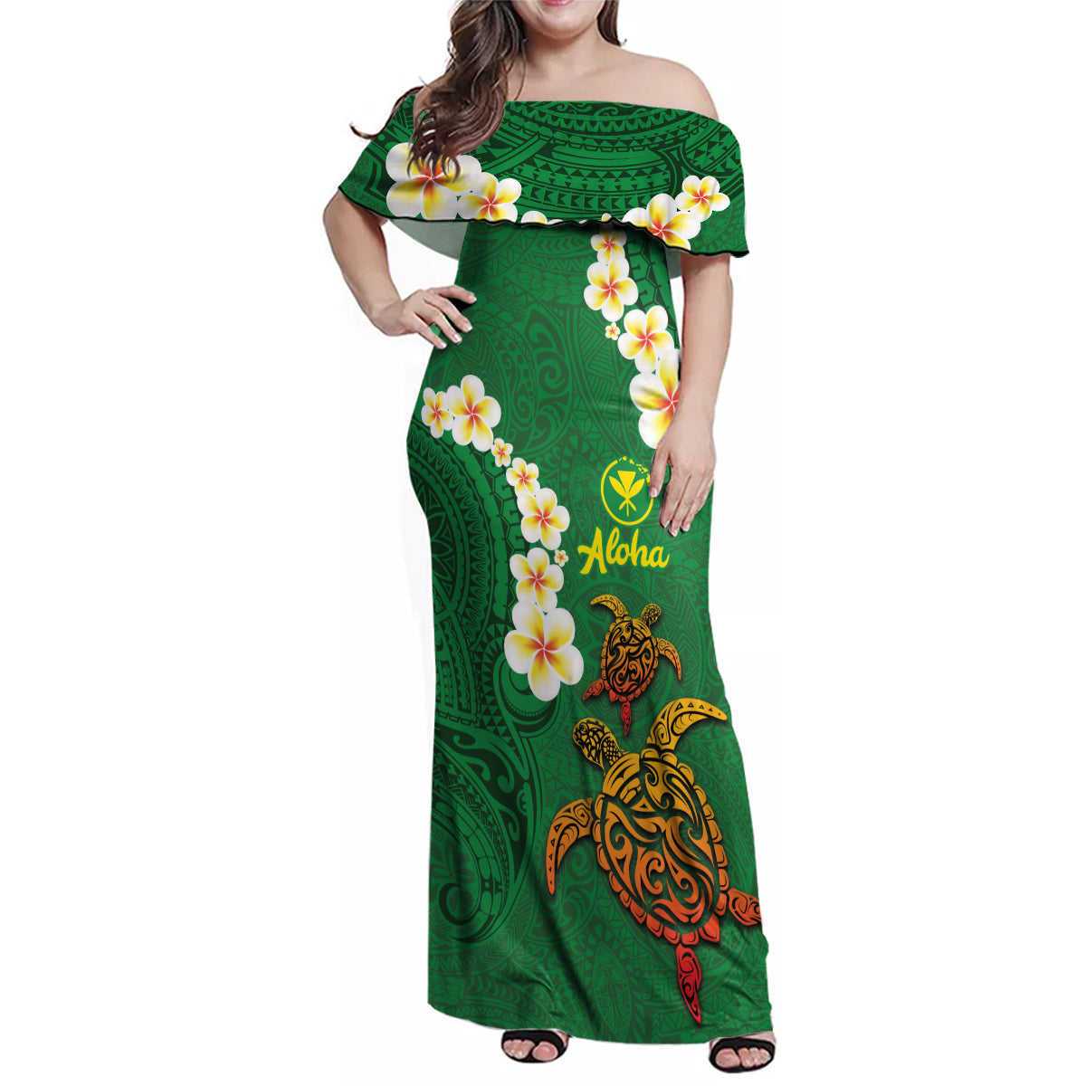 Hawaii Turtle Plumeria Flower Family Matching Off Shoulder Maxi Dress and Hawaiian Shirt Polynesian Pattern Green Color LT03 Mom's Dress Green - Polynesian Pride
