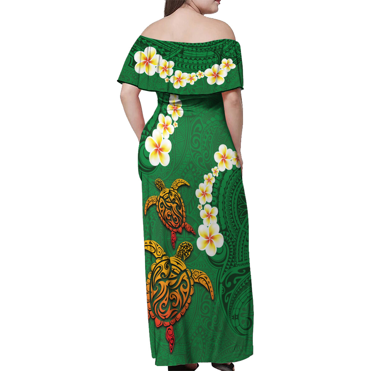 Hawaii Turtle Plumeria Flower Family Matching Off Shoulder Maxi Dress and Hawaiian Shirt Polynesian Pattern Green Color LT03 - Polynesian Pride