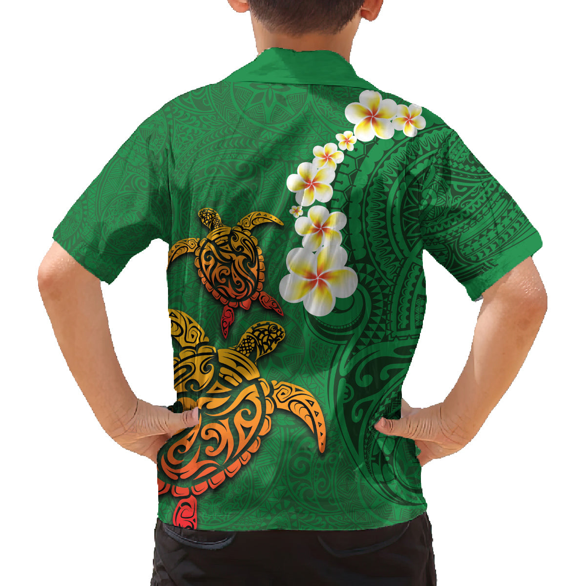 Hawaii Turtle Plumeria Flower Family Matching Off Shoulder Short Dress and Hawaiian Shirt Polynesian Pattern Green Color LT03 - Polynesian Pride