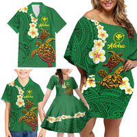 Hawaii Turtle Plumeria Flower Family Matching Off Shoulder Short Dress and Hawaiian Shirt Polynesian Pattern Green Color LT03 - Polynesian Pride