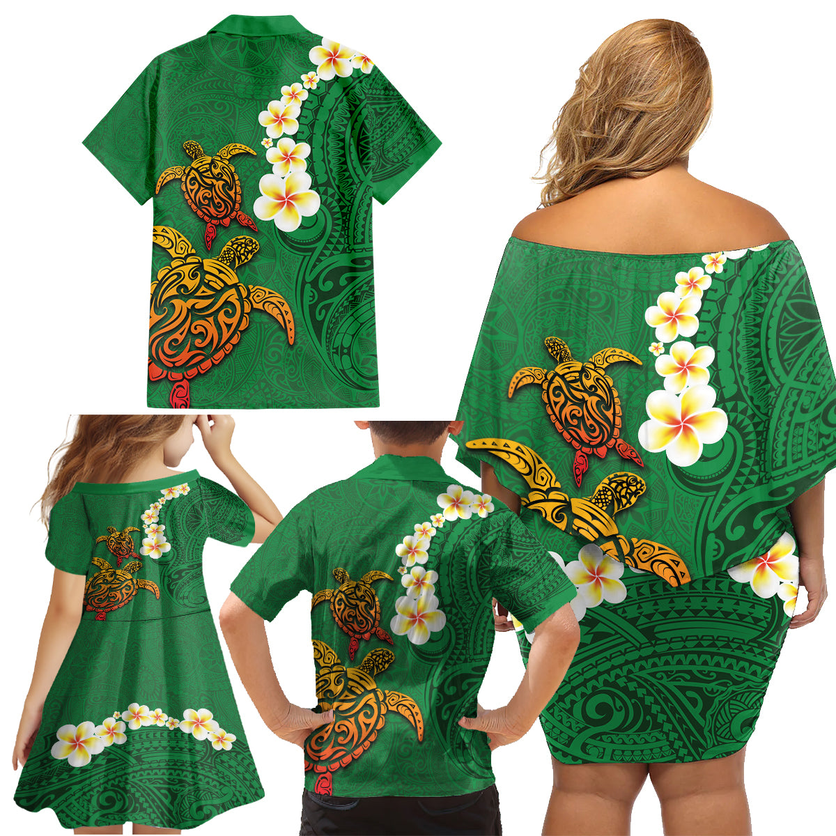 Hawaii Turtle Plumeria Flower Family Matching Off Shoulder Short Dress and Hawaiian Shirt Polynesian Pattern Green Color LT03 - Polynesian Pride