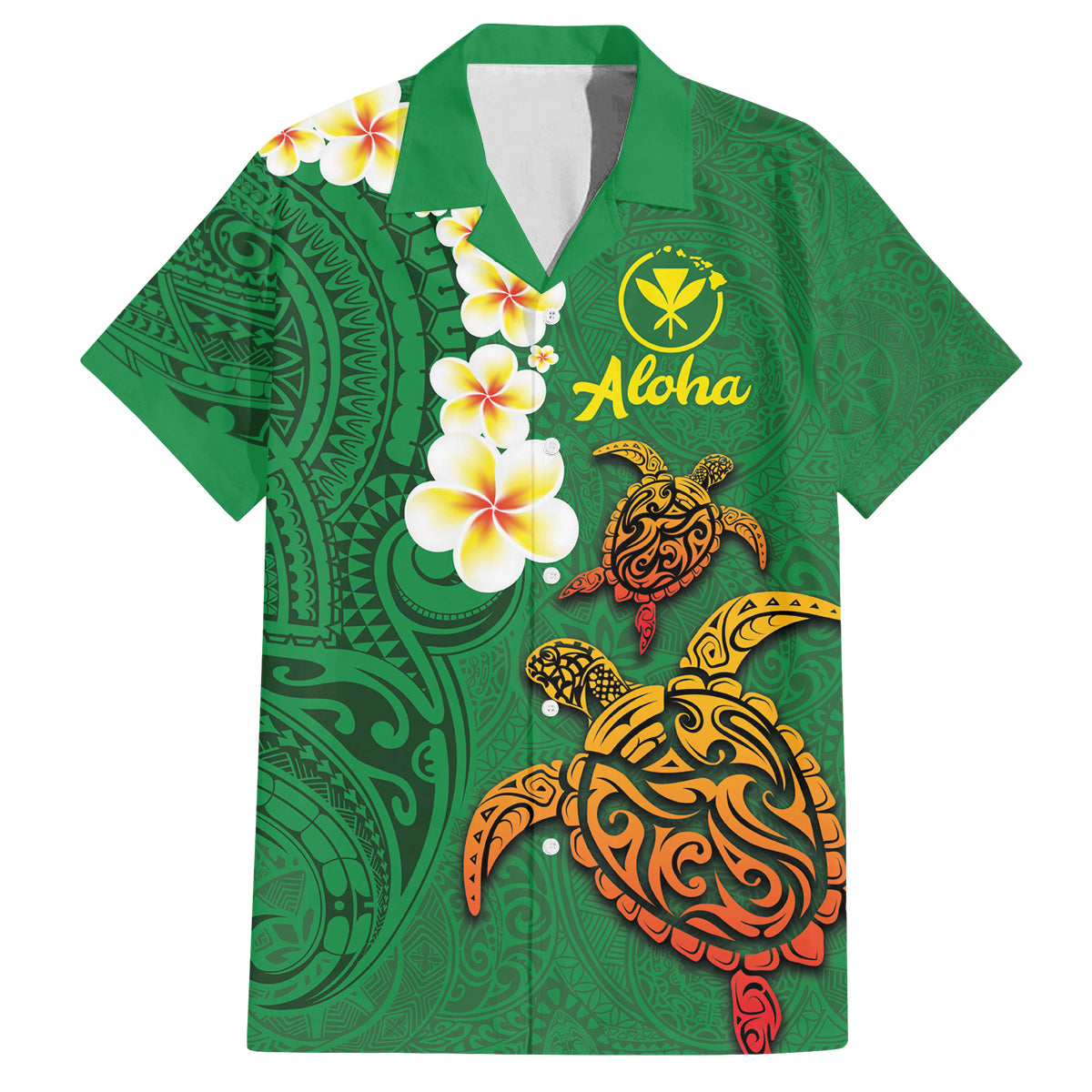 Hawaii Turtle Plumeria Flower Family Matching Off Shoulder Short Dress and Hawaiian Shirt Polynesian Pattern Green Color LT03 Dad's Shirt - Short Sleeve Green - Polynesian Pride